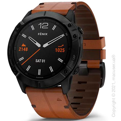 Спортивные часы Garmin Fenix 6X Black DLC with Chestnut Leather Band