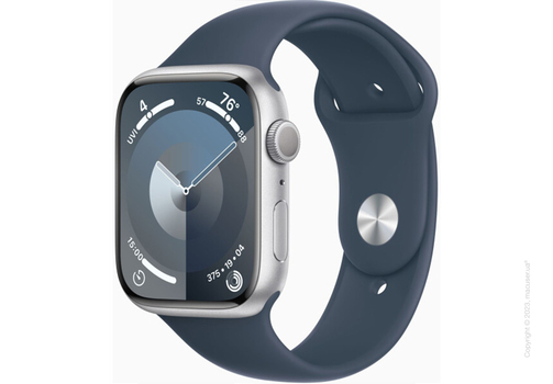 Apple Watch Series 9 45mm Silver Aluminum Case with Storm Blue Sport Band