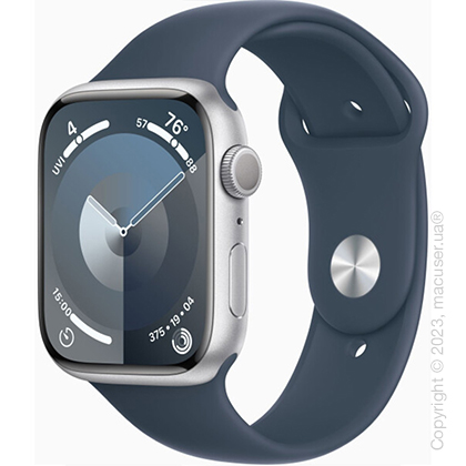 Apple Watch Series 9 45mm Silver Aluminum Case with Storm Blue Sport Band